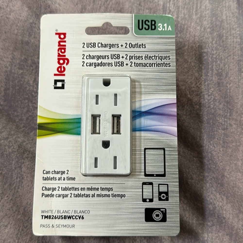 Legrand white 15 Amp Outlet with 3.1A USB Chargers. New.  Regular plug plus USB.